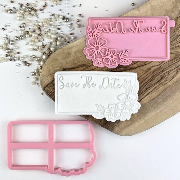 Save the Date in Rectangle with Flowers Wedding Cookie Cutter and Stamp