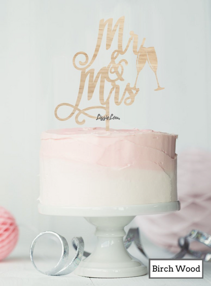 Mr and Mrs Pretty with Champagne Glasses Wedding Cake Topper Premium 3mm Birch Wood