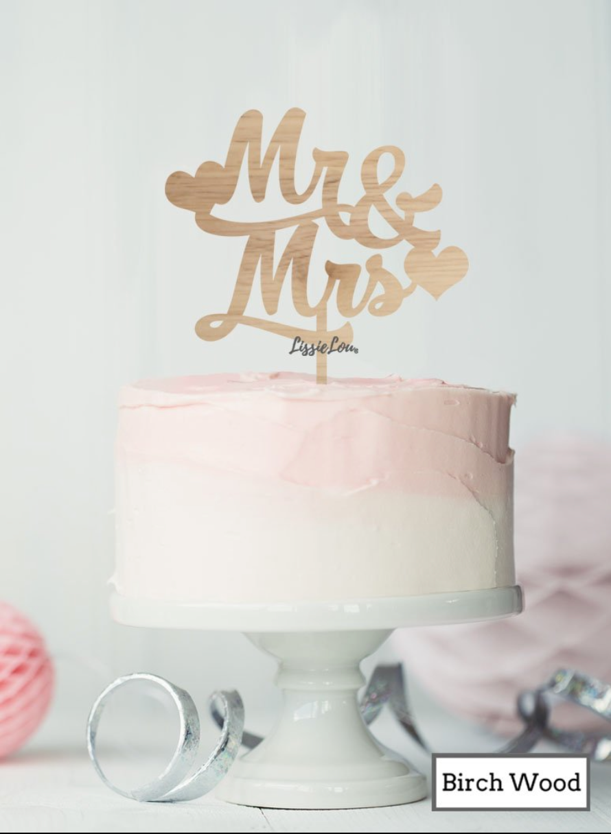 Mr and Mrs Wedding Cake Topper with Hearts Premium 3mm Birch Wood