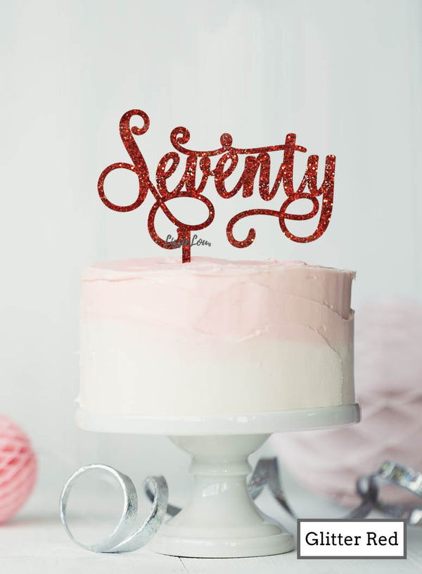 Seventy Swirly Font 70th Birthday Cake Topper Premium 3mm Acrylic Glitter Red