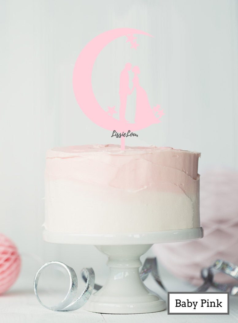 Moon and Star Silhouette Couple Wedding Cake Topper Premium 3mm Acrylic Baby Pink