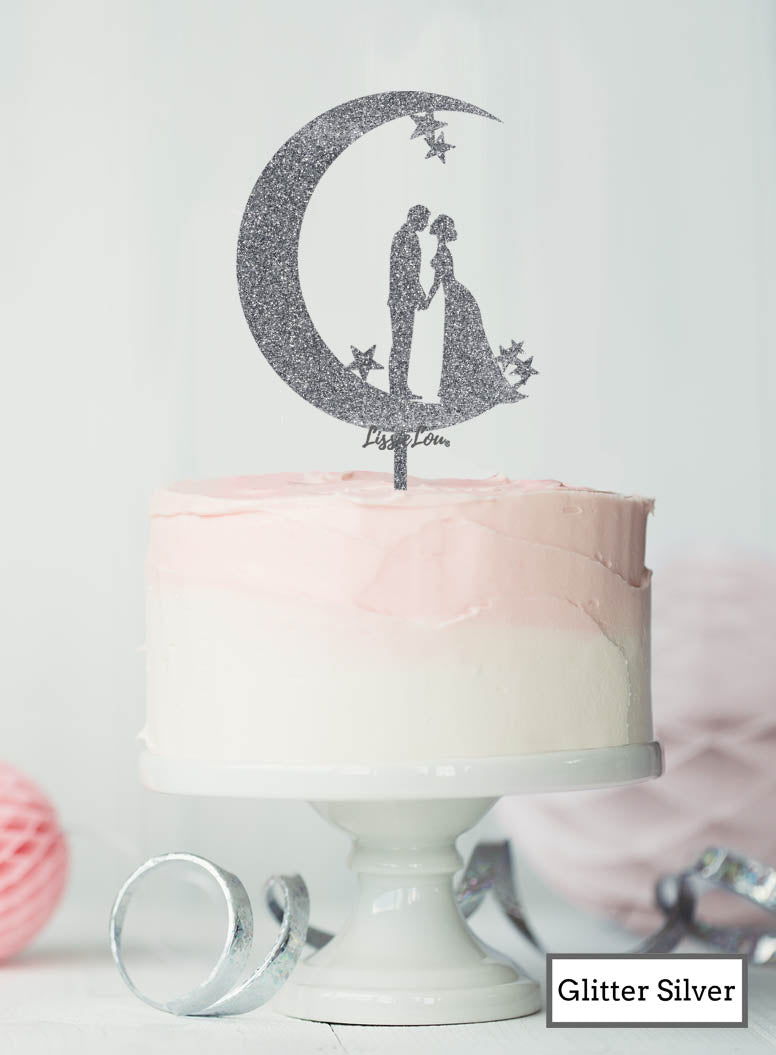 Moon and Star Silhouette Couple Wedding Cake Topper Premium 3mm Acrylic Glitter Silver