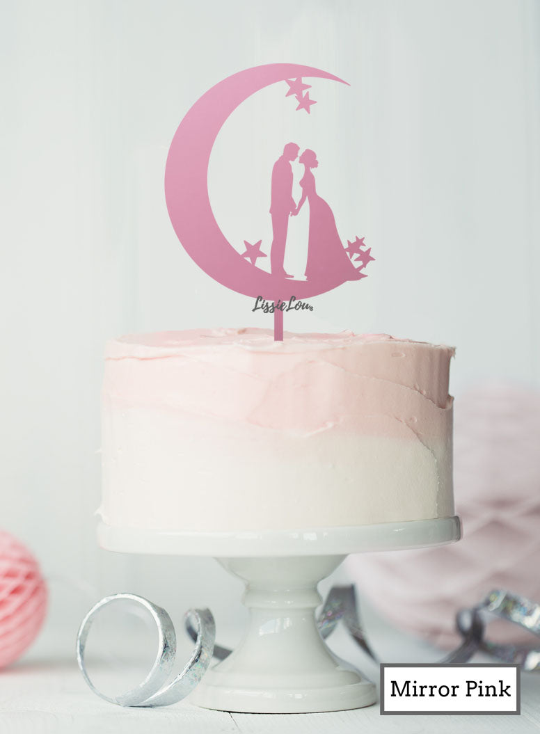 Moon and Star Silhouette Couple Wedding Cake Topper Premium 3mm Acrylic Mirror Pink