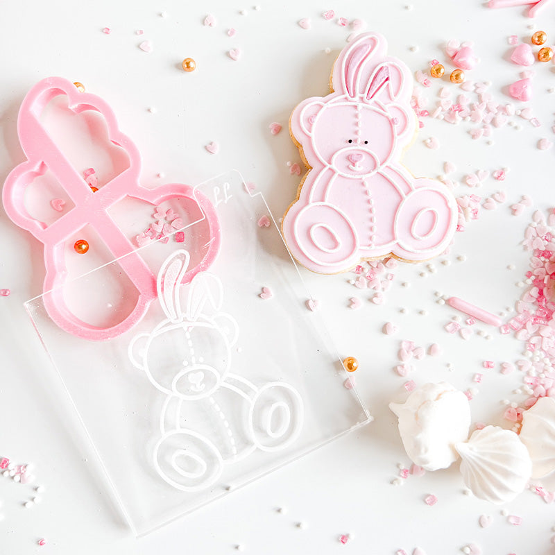 Sitting Teddy Bear with Headband Baby Shower Cookie Cutter and Embosser