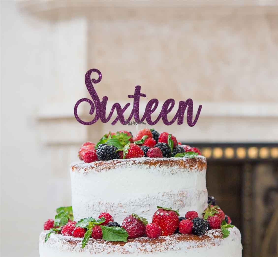 Sixteen Cake Topper Glitter Card Glitter Dark Purple