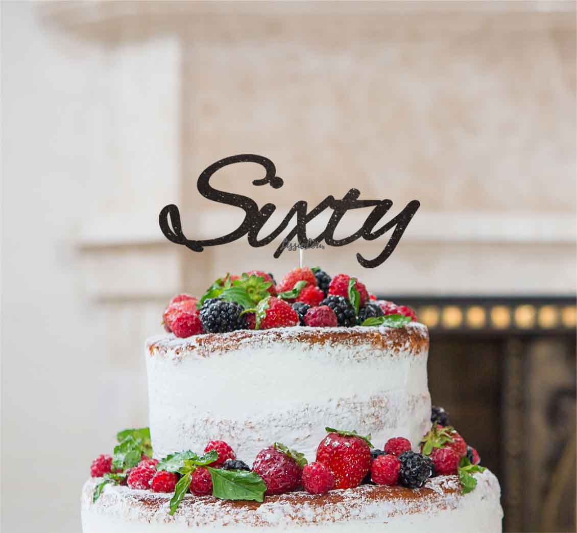 Sixty Birthday Cake Topper 60th Glitter Card Black