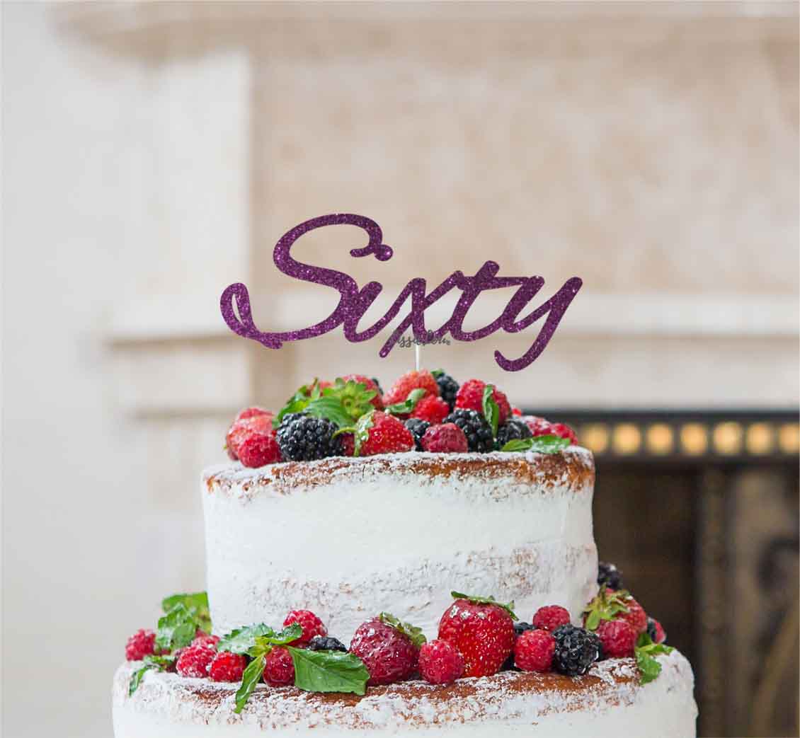 Sixty Birthday Cake Topper 60th Glitter Card Dark Purple