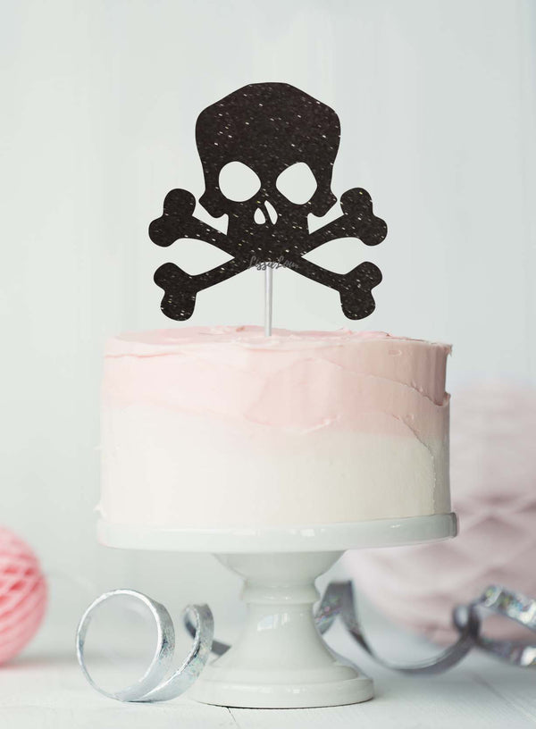 Pirate Skull and Bones Birthday Cake Topper Glitter Card Black