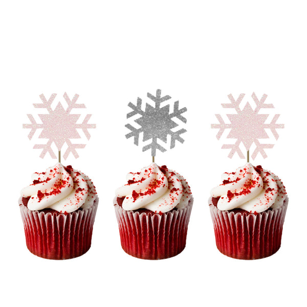 Christmas Snowflake Cupcake Toppers - Glittery White and Silver - Pack of 8