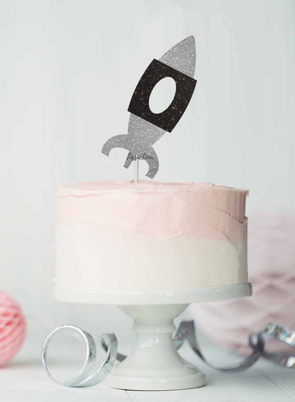 Spaceship Birthday Cake Topper Glitter Card Silver and Black