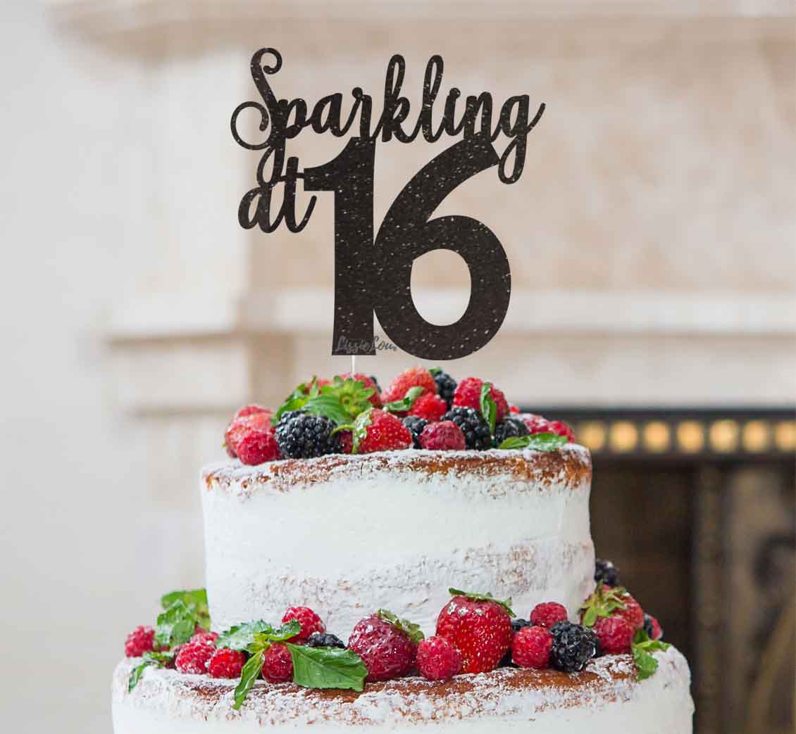 Sparkling at 16 Glitter Card Cake Topper Glitter Black
