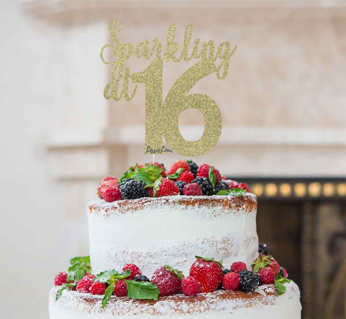 Sparkling at 16 Glitter Card Cake Topper Glitter Gold