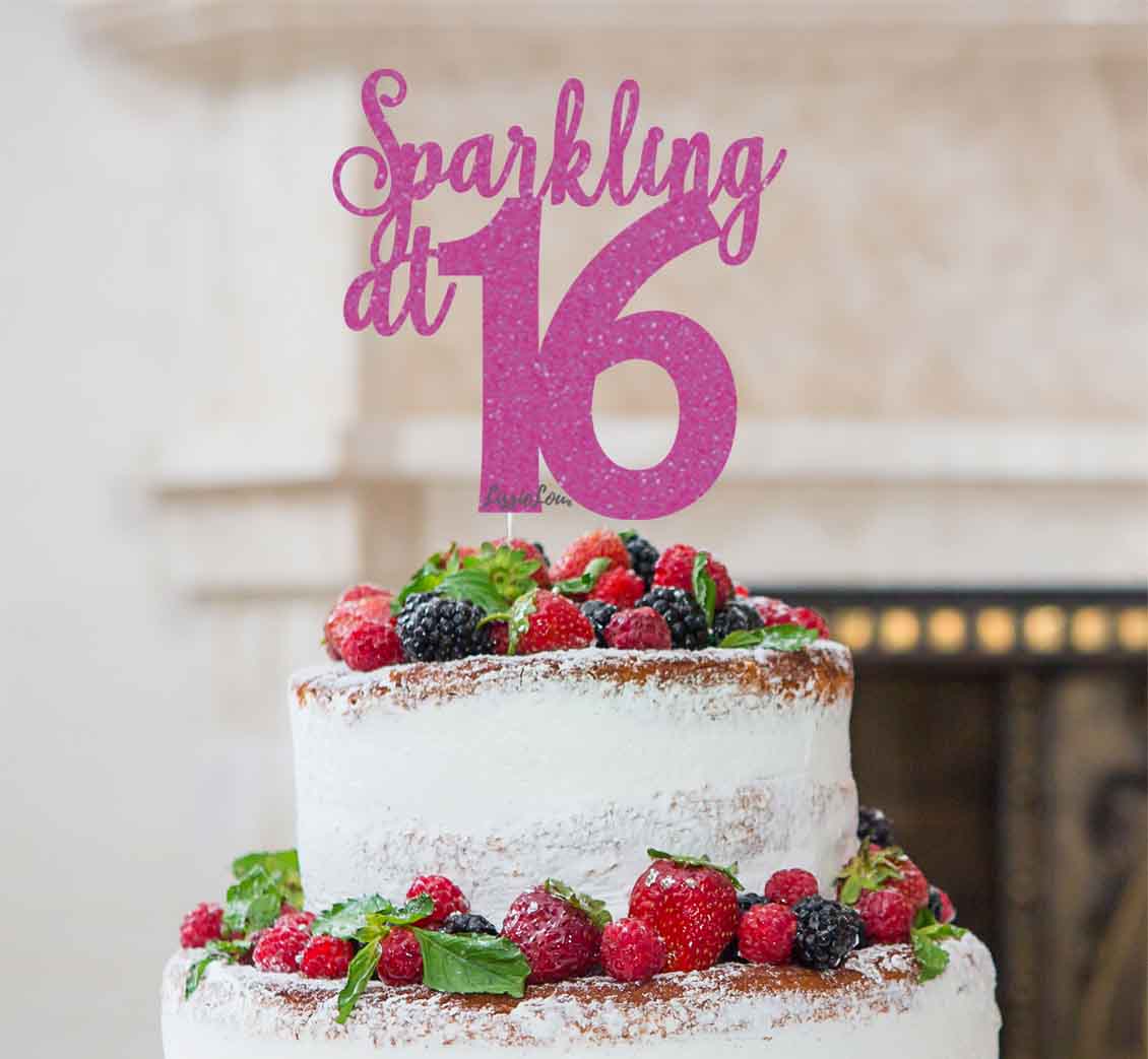 Sparkling at 16 Glitter Card Cake Topper Glitter Hot Pink