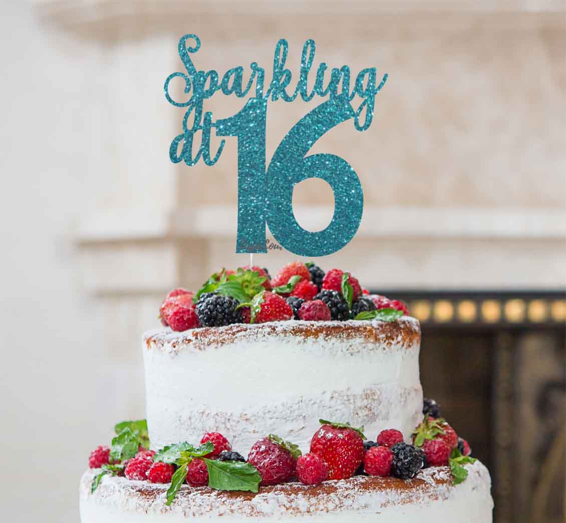 Sparkling at 16 Glitter Card Cake Topper Glitter Light Blue