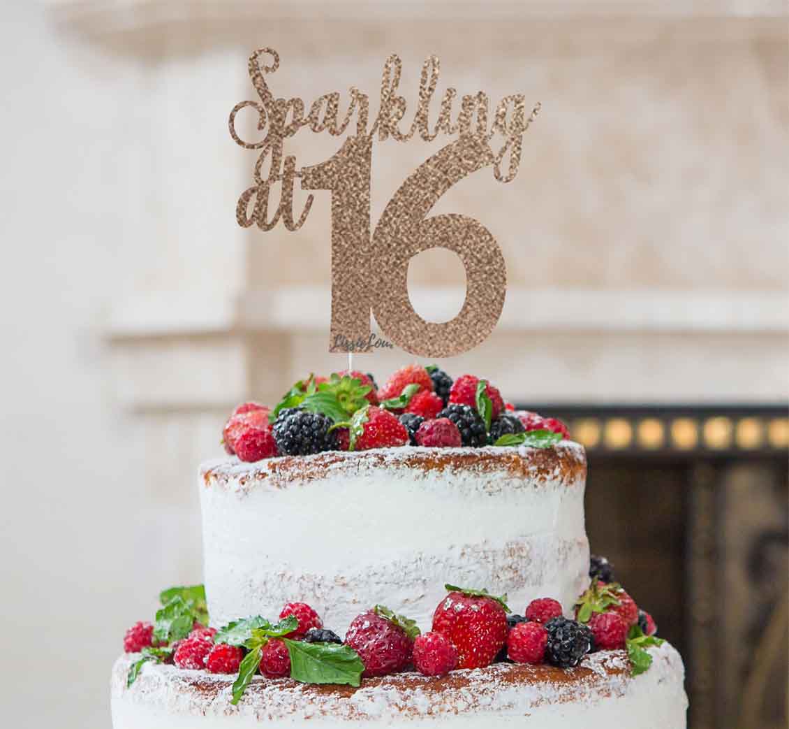 Sparkling at 16 Glitter Card Cake Topper Glitter Rose Gold