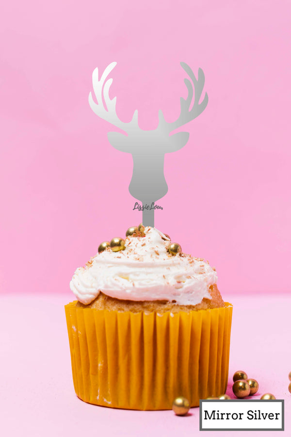 LissieLou Stag Heads Cupcake Topper Premium 3mm Acrylic Mirror Silver