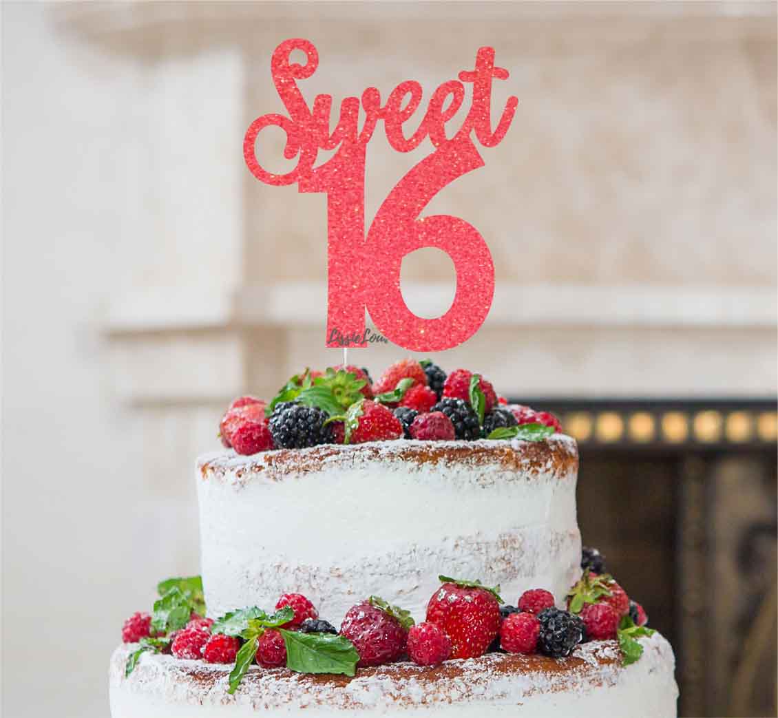 Sweet 16 Birthday 16th Cake Topper Glitter Card Glitter Light Pink