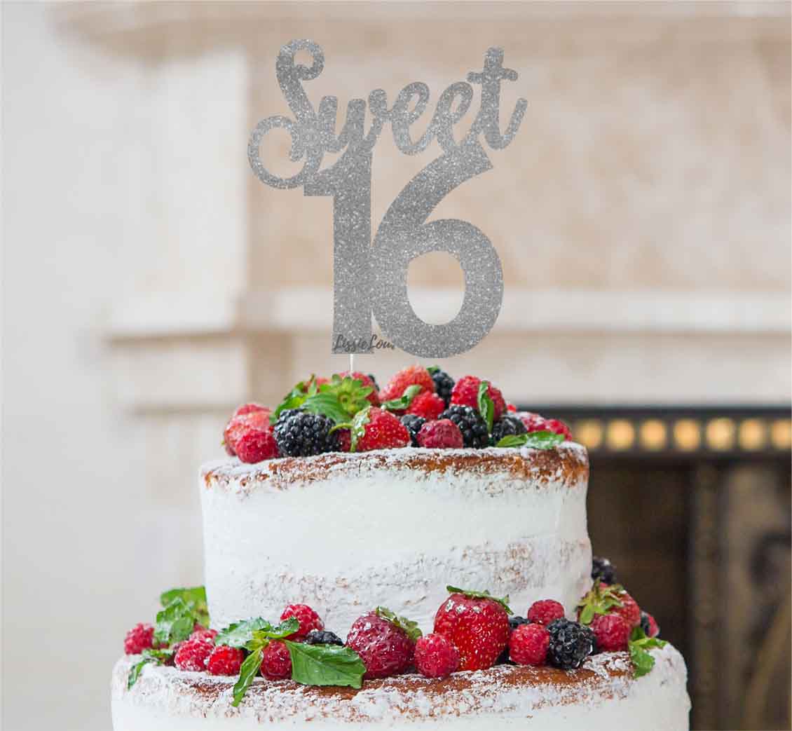Sweet 16 Birthday 16th Cake Topper Glitter Card Glitter Silver