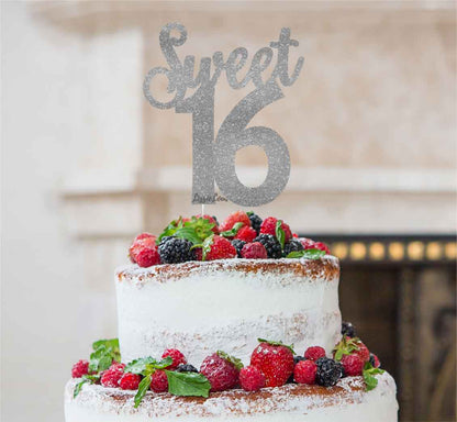 Sweet 16 Birthday 16th Cake Topper Glitter Card Glitter Silver