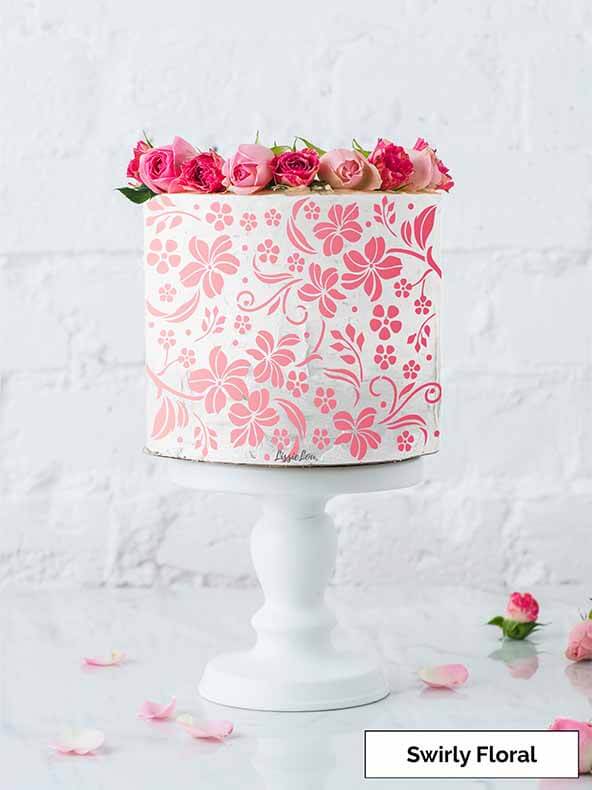 Swirly Floral Cake Stencil - Full Size Design
