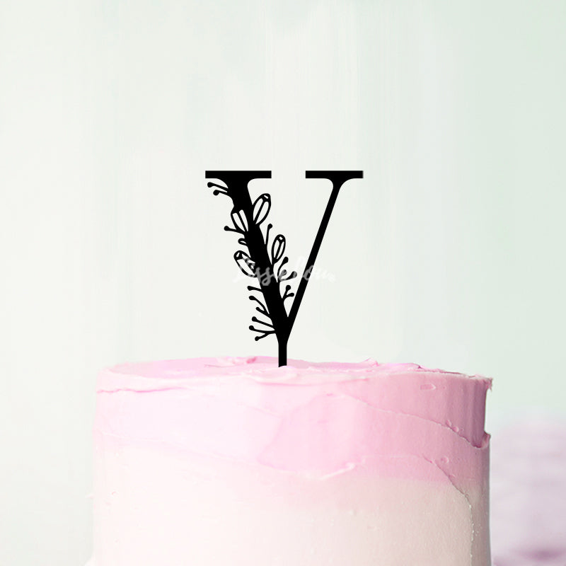 Wedding Floral Initial Letter V Style Cake Topper