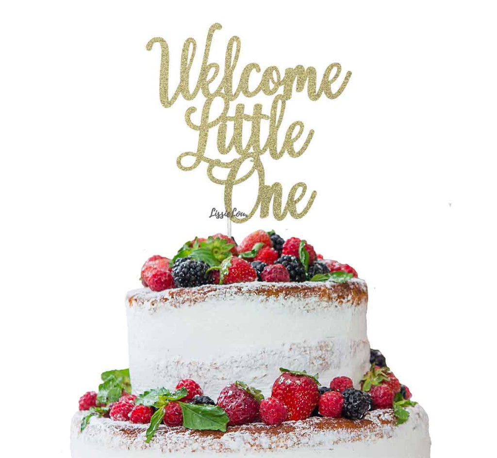 Welcome Little One Baby Shower Cake Topper Glitter Card Gold