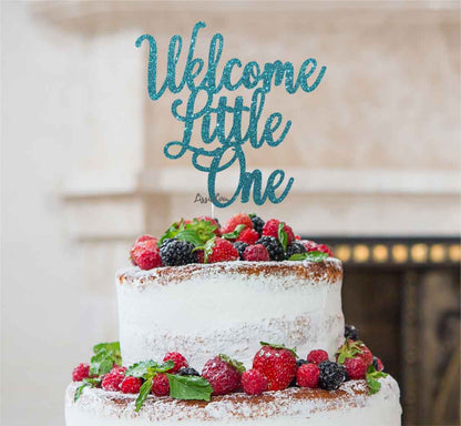 Welcome Little One Baby Shower Cake Topper Glitter Card Light Blue