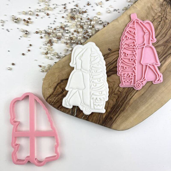 Woman Pushing Tree Christmas Cookie Cutter and Stamp