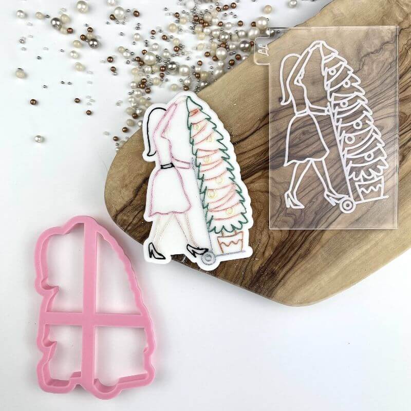 Woman Pushing Tree Christmas Cookie Cutter and Embosser