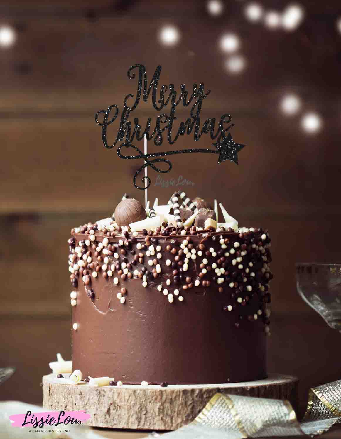 Merry Christmas with Swirl and Star Cake Topper Glitter Card Black