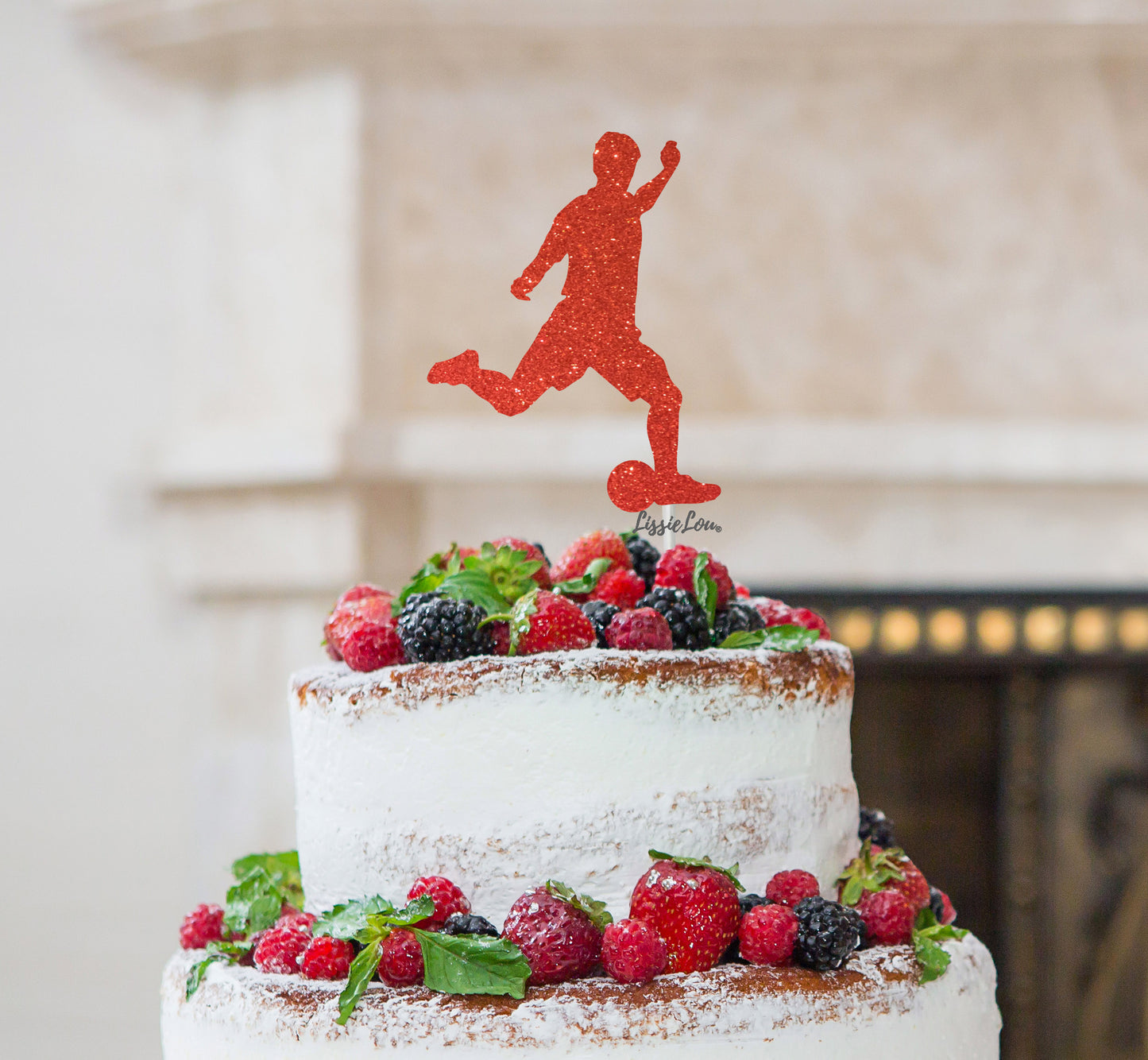 Footballer Kicking Cake Topper Glitter Card Red