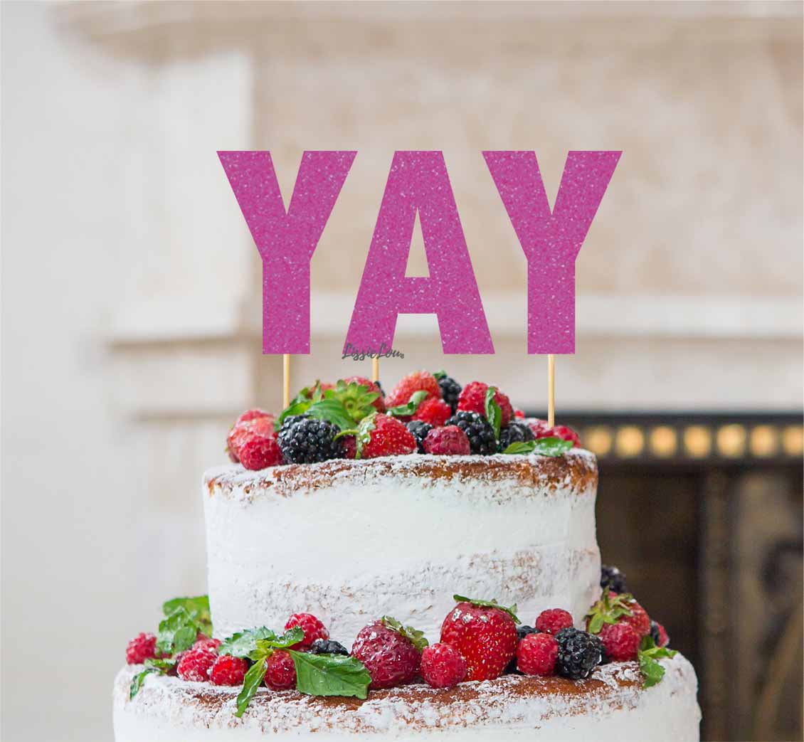 YAY Letter Cake Topper Glitter Card Hot Pink
