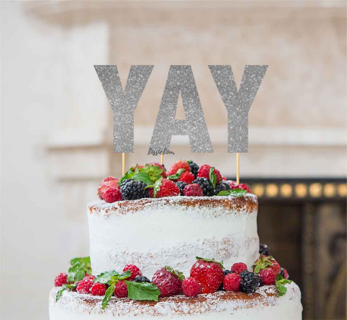YAY Letter Cake Topper Glitter Card Silver