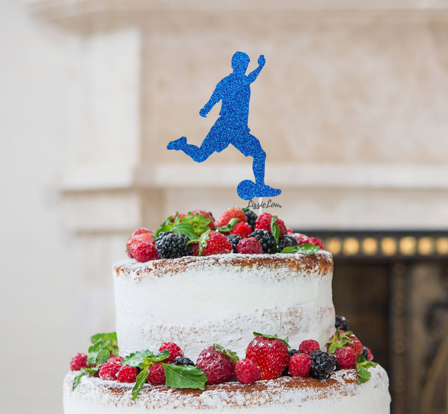 Footballer Kicking Cake Topper Glitter Card Dark Blue