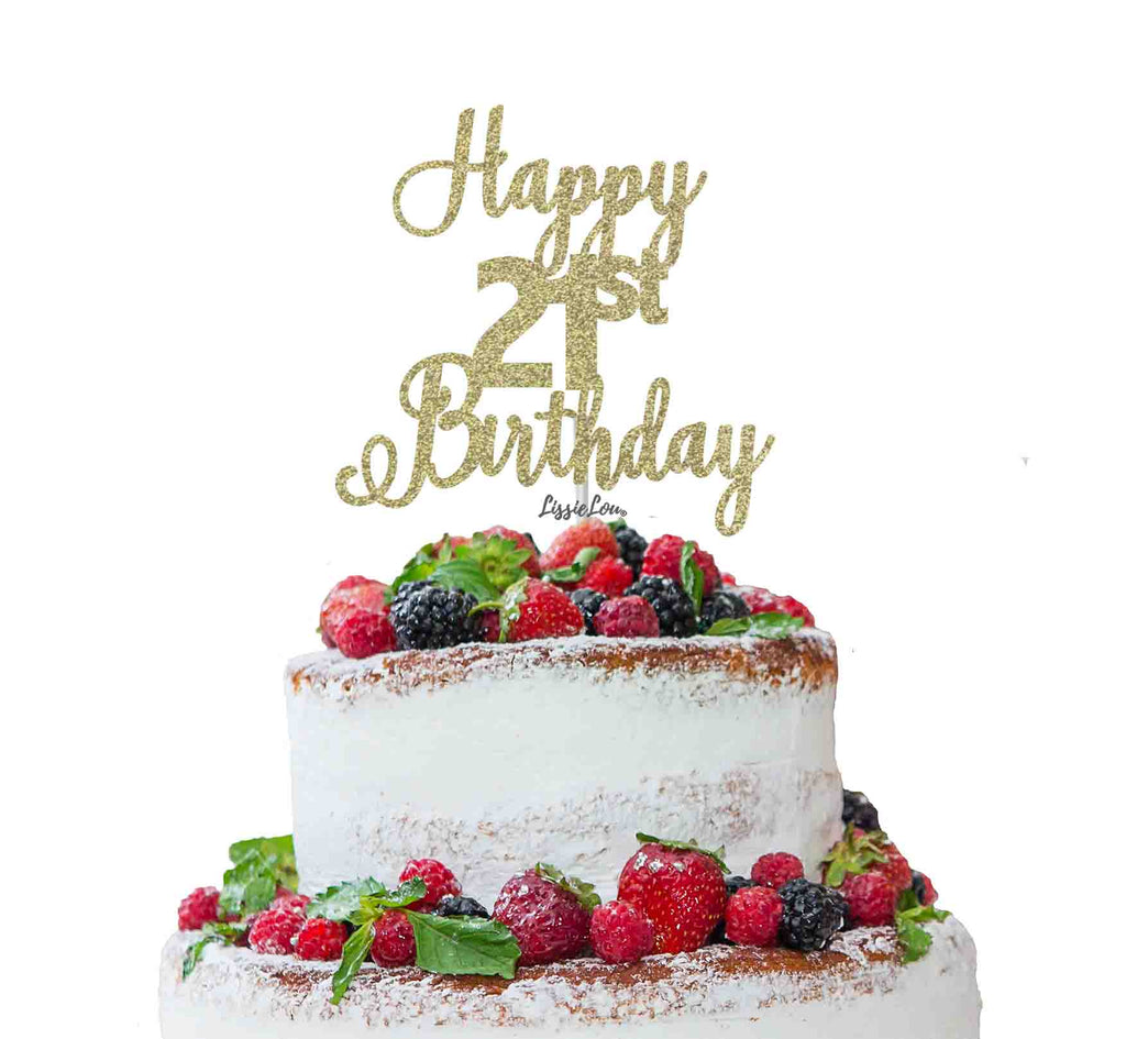 Happy 21st Birthday Pretty Cake Topper Glitter Card Gold