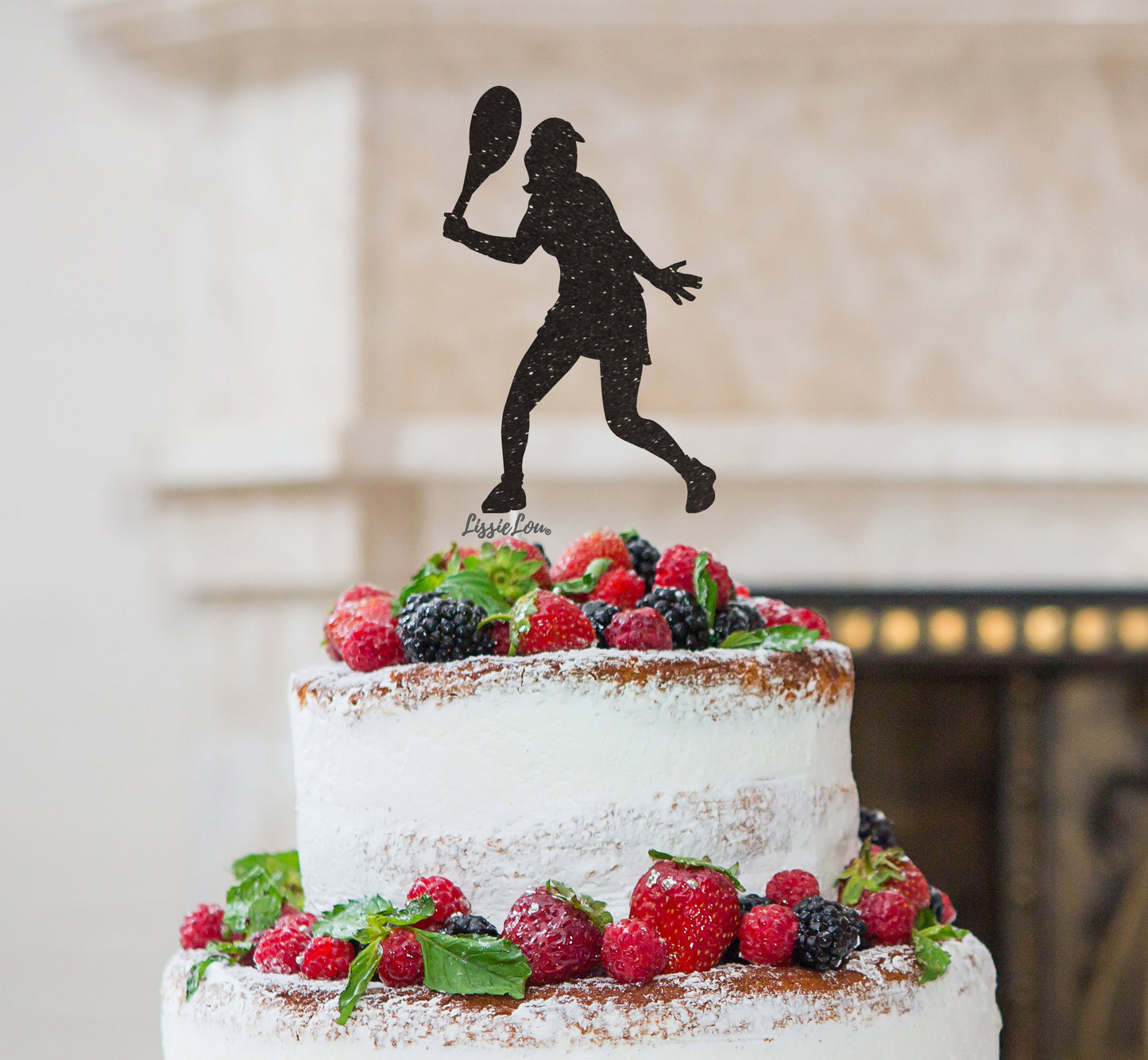 Tennis Female Cake Topper Glitter Card Black