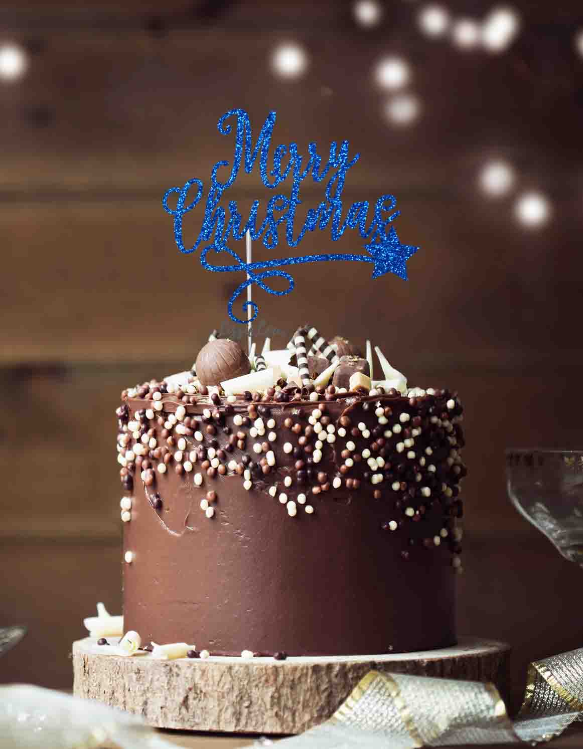 Merry Christmas with Swirl and Star Cake Topper Glitter Card Dark Blue