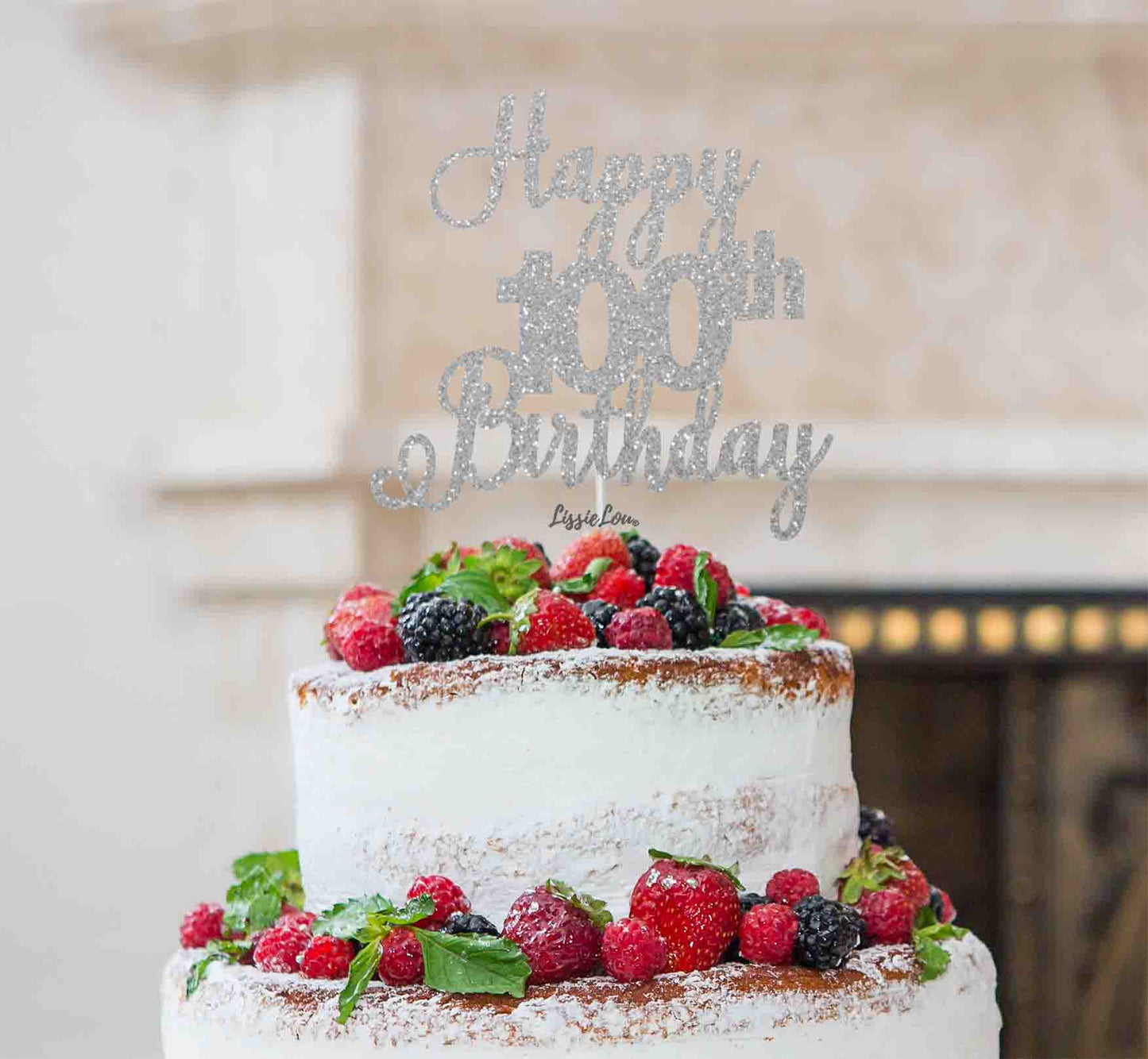 Happy 100th Birthday Pretty Cake Topper Glitter Card Silver