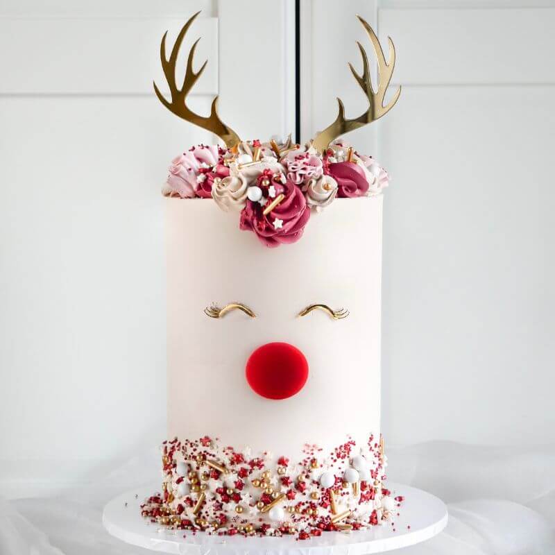 Modern Rudolf Antler Set Christmas Cake Topper Premium 3mm Acrylic - Mirror Gold and Red