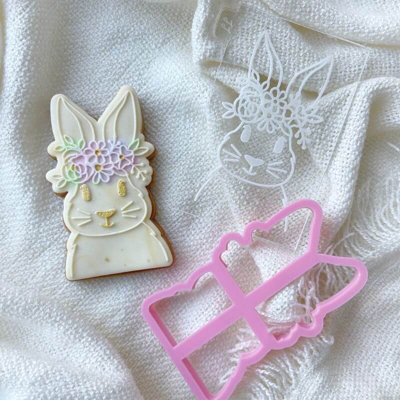 Rabbit with Floral Headband Easter Cookie Cutter and Embosser