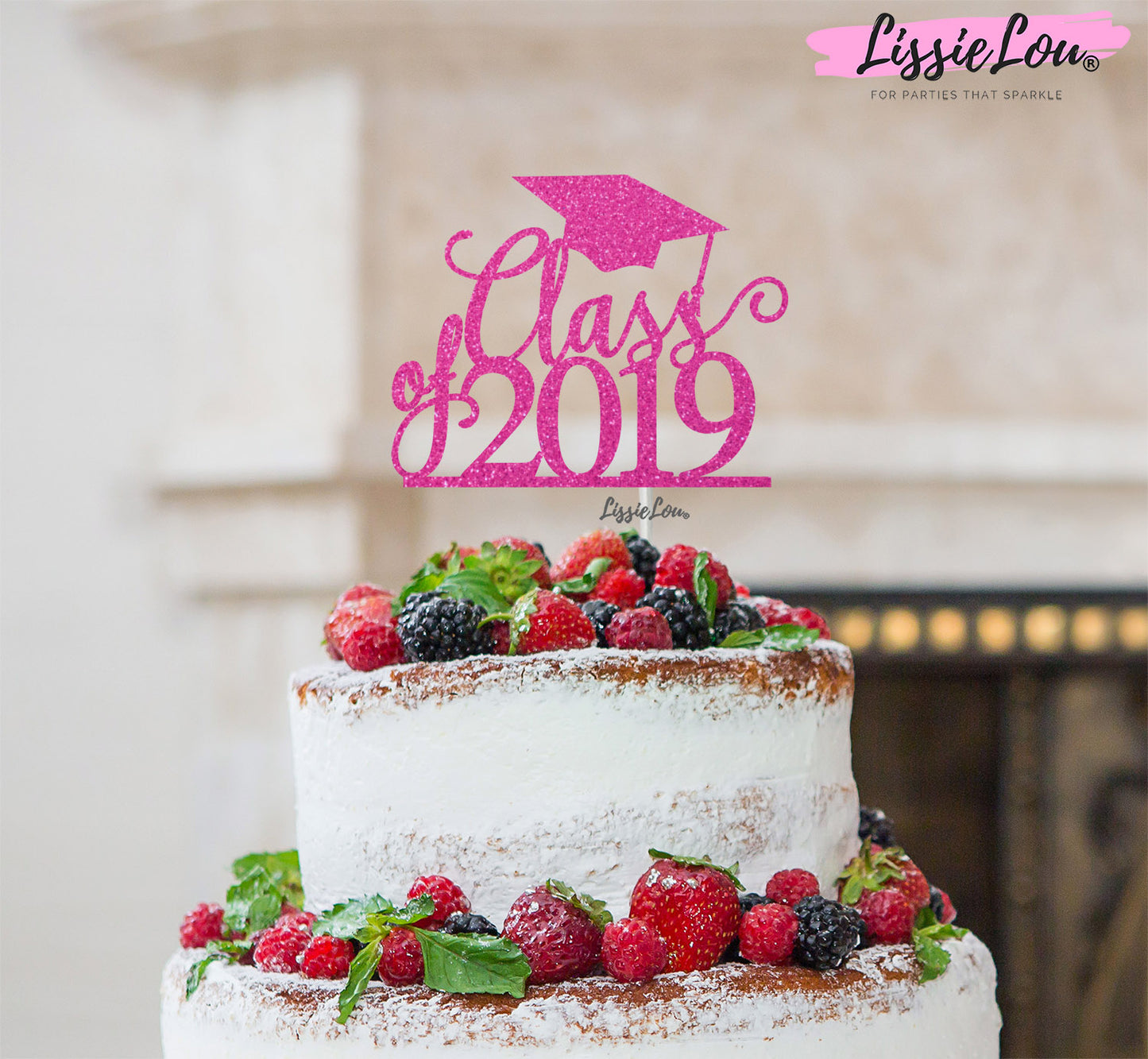 Class of 2019 Graduation Cake Topper Glitter Card Hot Pink