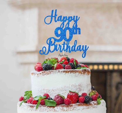Happy 90th Birthday Pretty Cake Topper Glitter Card Dark Blue