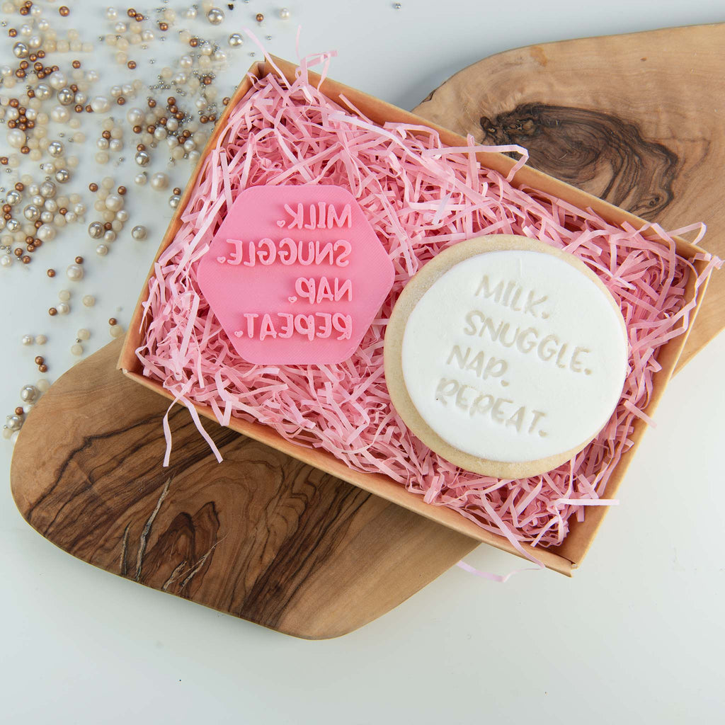 Milk Snuggle Nap Repeat Baby Shower Cookie Stamp