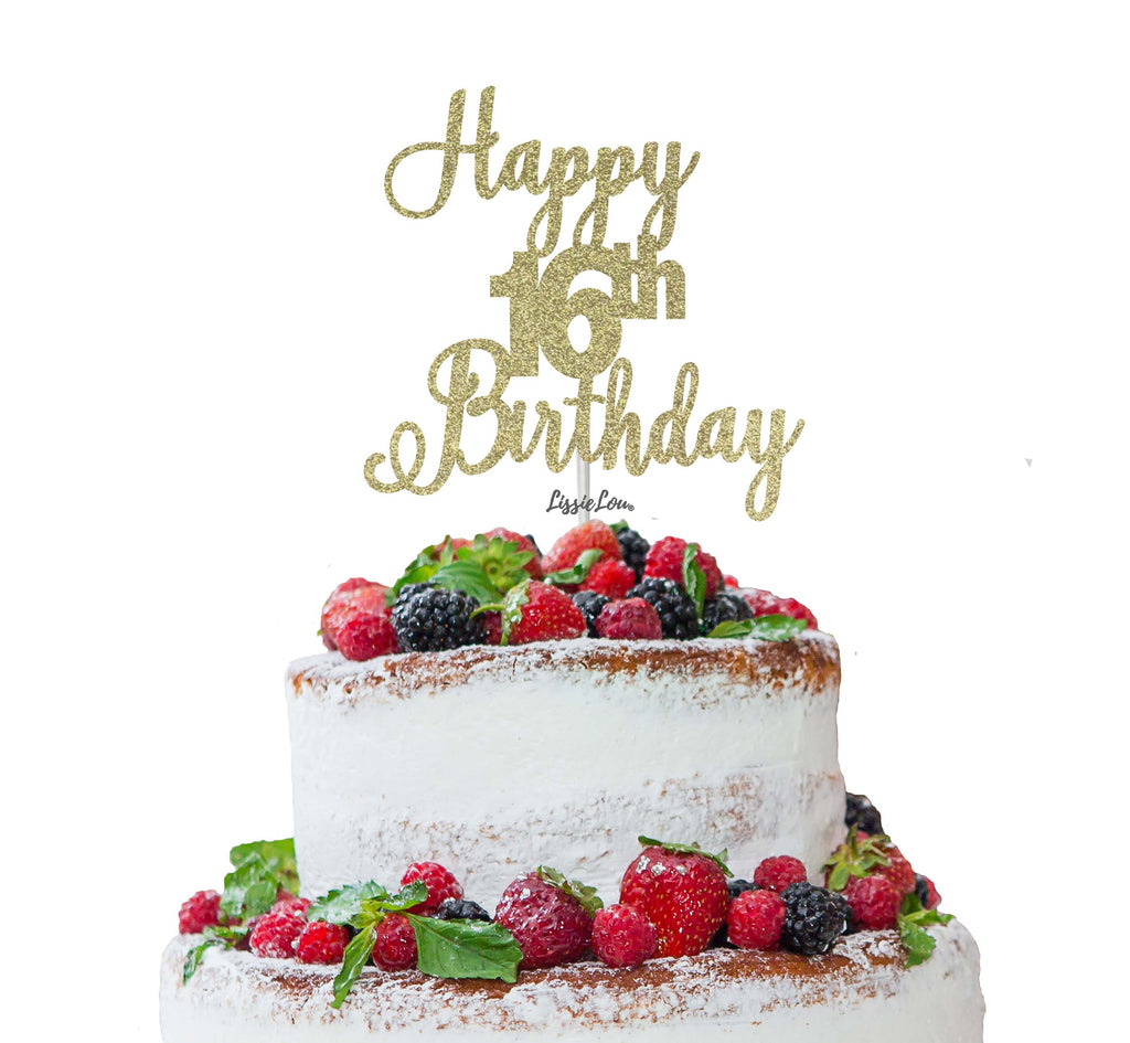 Happy 16th Birthday Pretty Cake Topper Glitter Card Gold