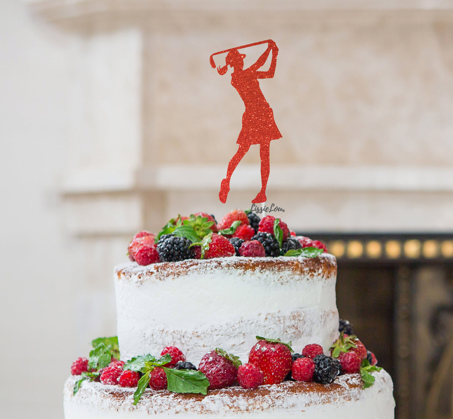 Golfer Female Cake Topper Glitter Card Red