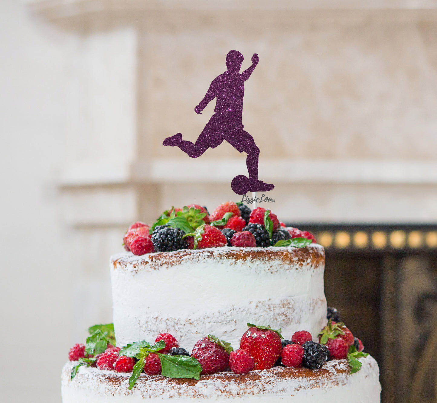 Footballer Kicking Cake Topper Glitter Card Dark Purple