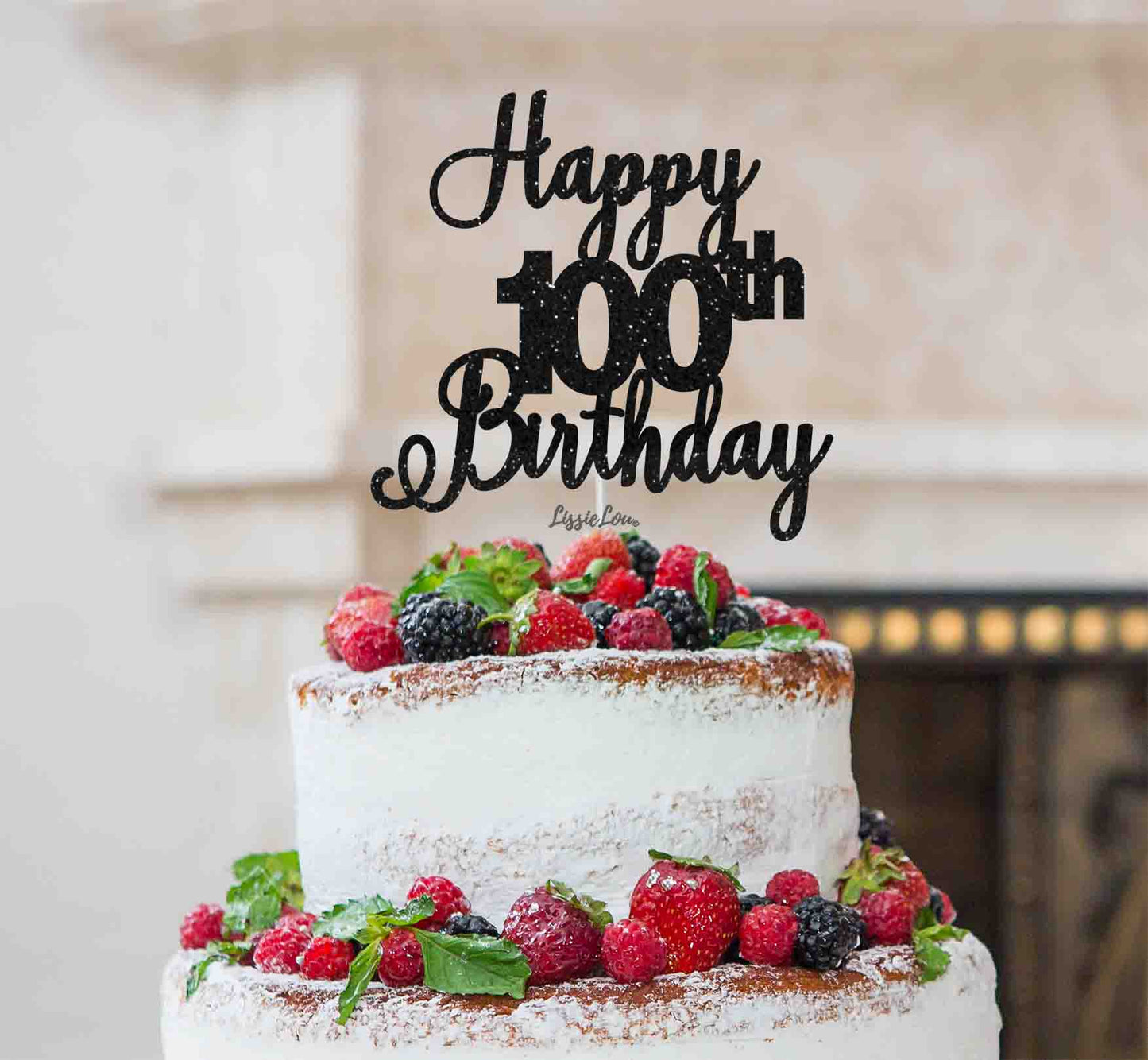 Happy 100th Birthday Pretty Cake Topper Glitter Card Black