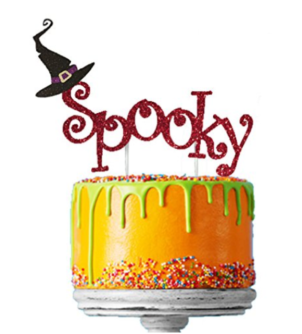 Spooky with Witches Hat Halloween Cake Topper Glitter Card Red