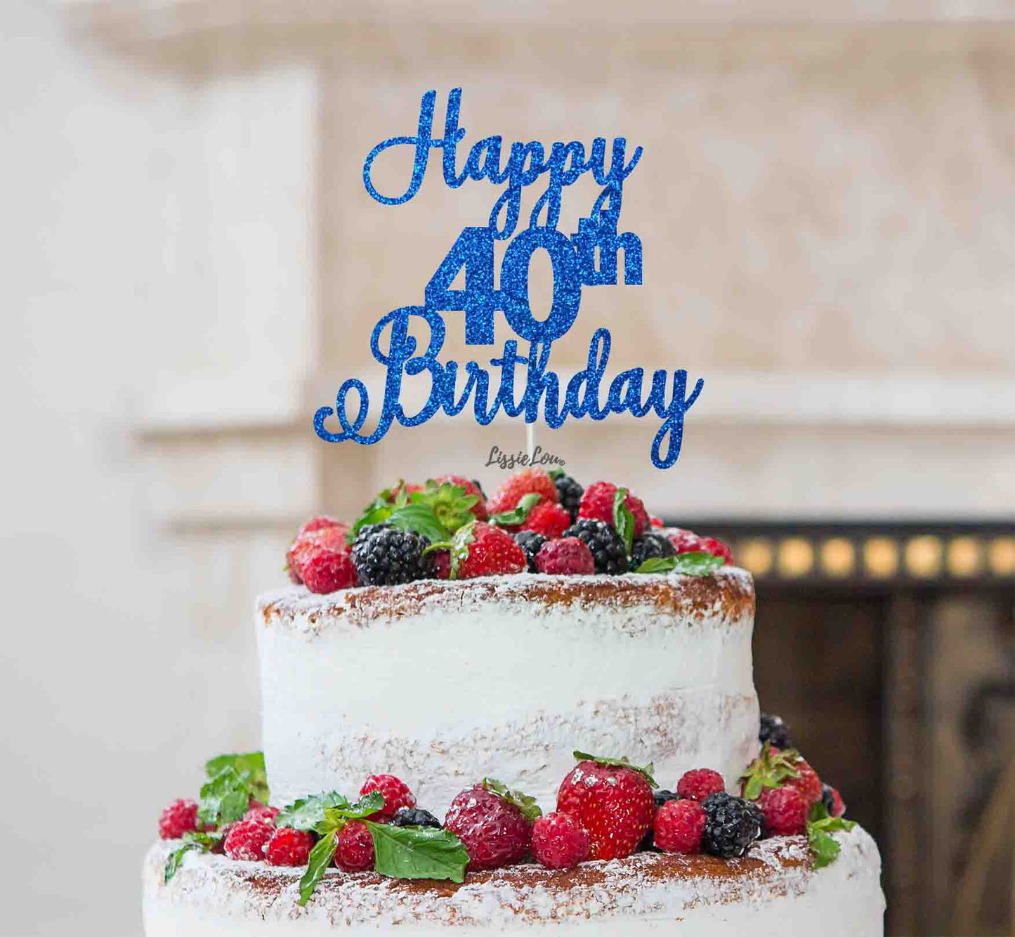 Happy 40th Birthday Pretty Cake Topper Glitter Card Dark Blue