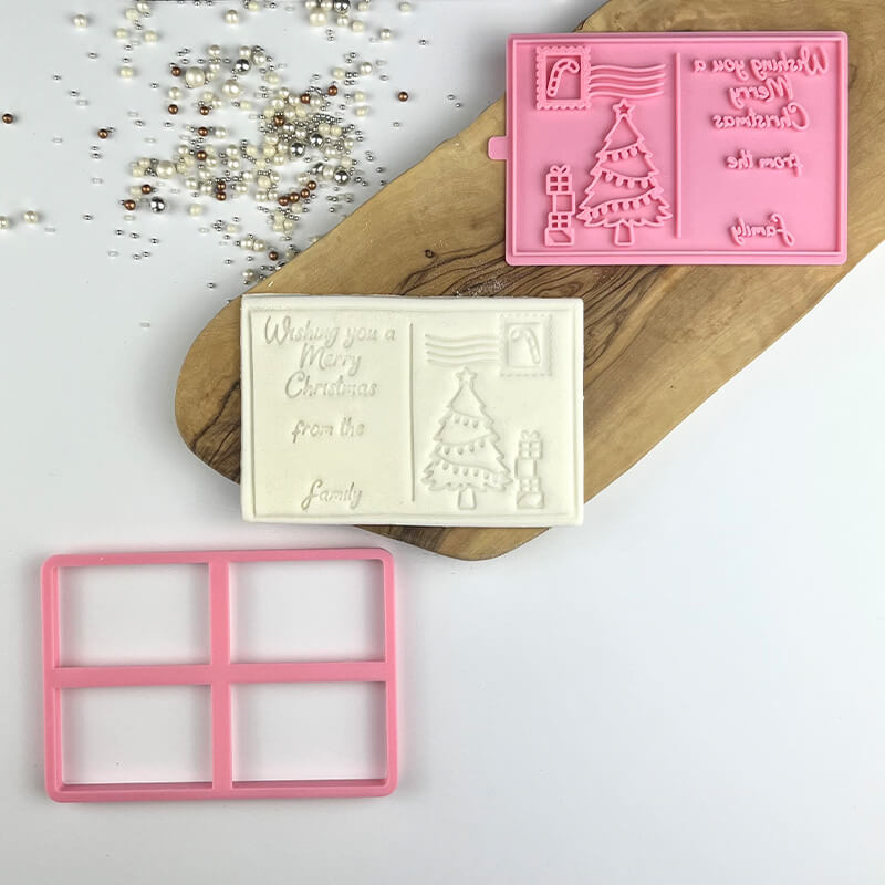 AlphaBakes Wishing You a Merry Christmas Custom Postcard Cookie Cutter and Stamp